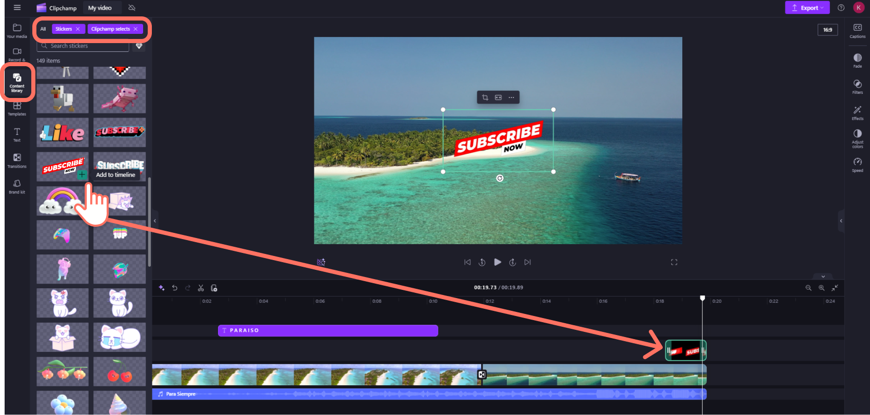 Content library Clipchamp со стикерами и добавленным графическим overlay на видео