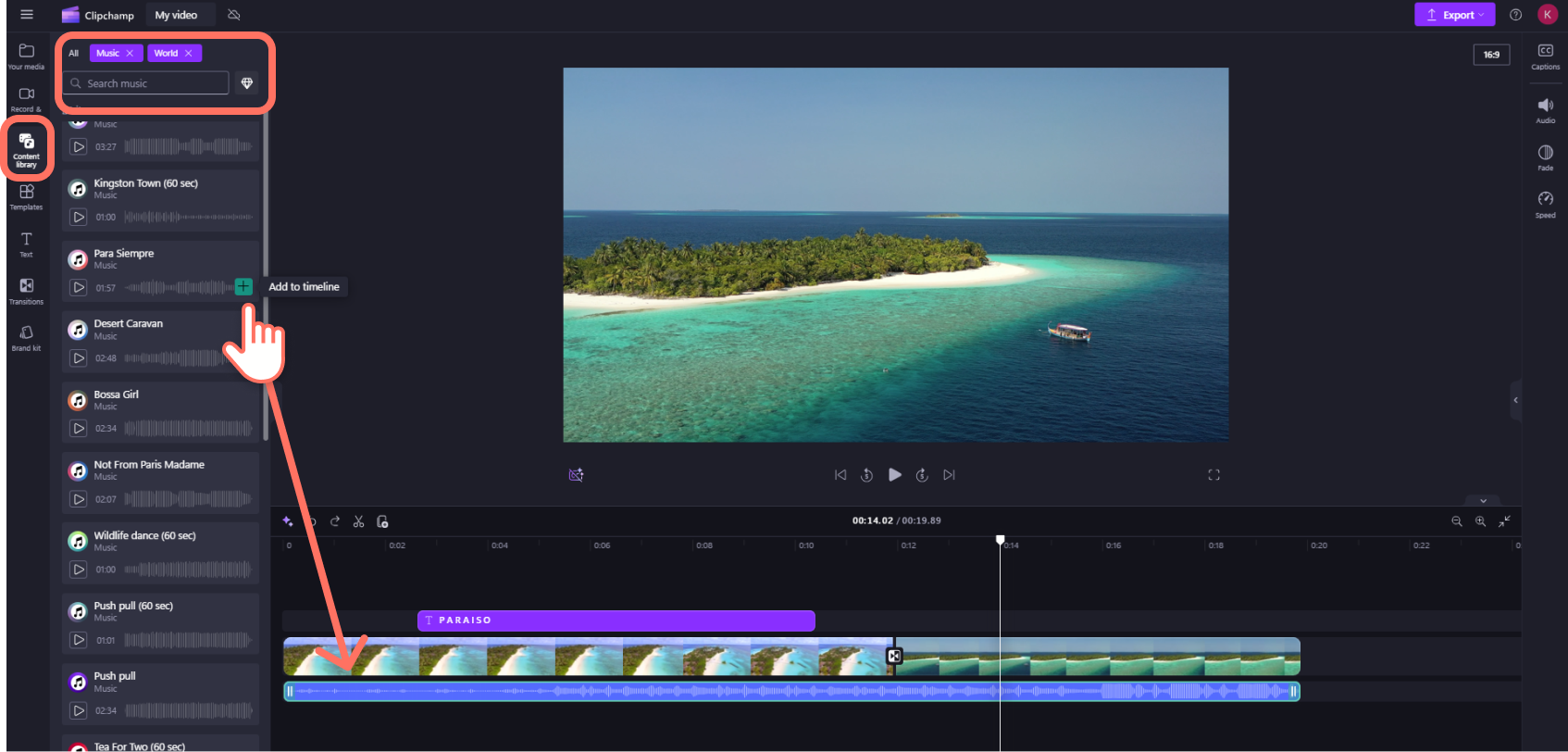 Content library Clipchamp с категорией Music и добавлением аудиодорожки на Timeline