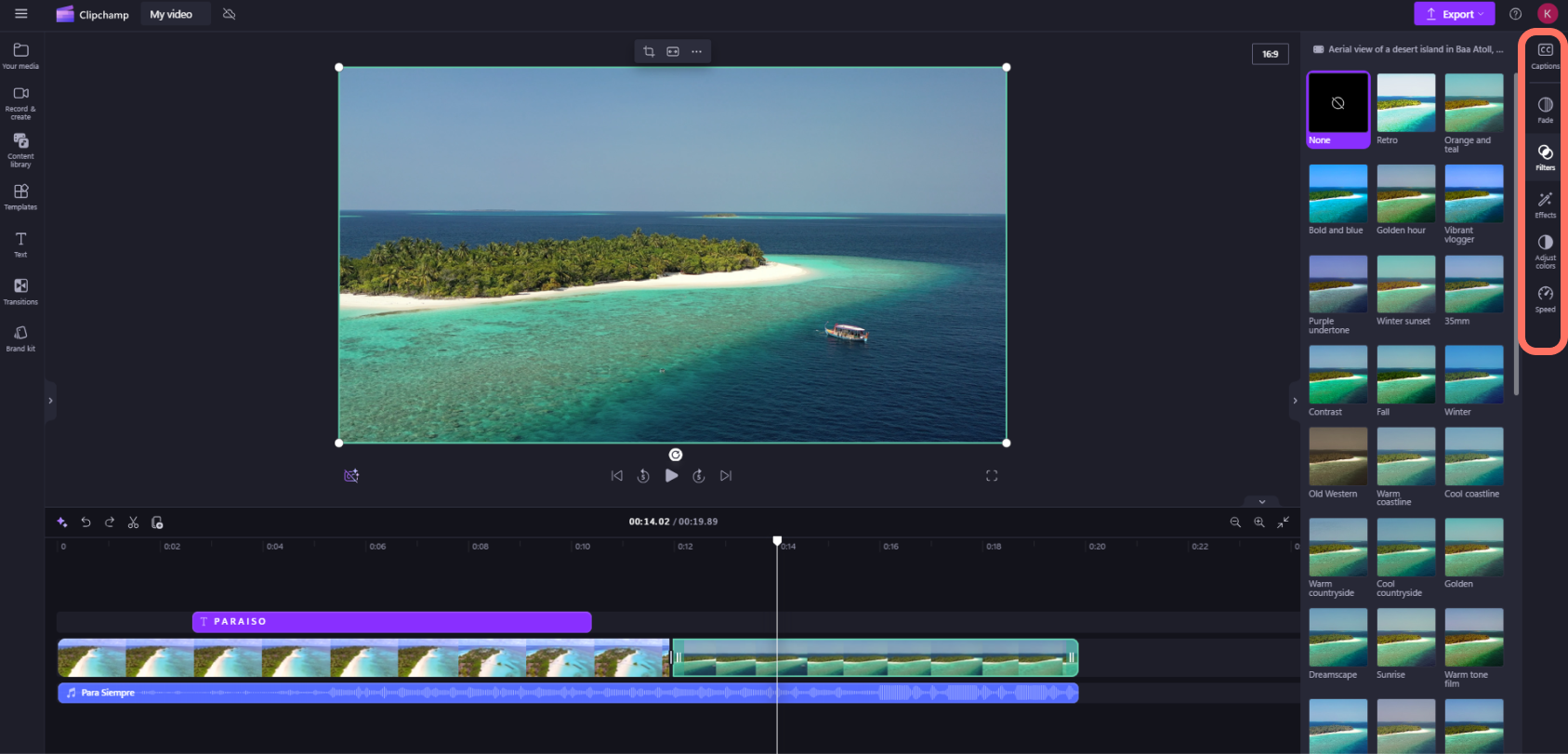 Property panel Clipchamp с вкладками Fade, Filters, Effects, Adjust colors и Speed