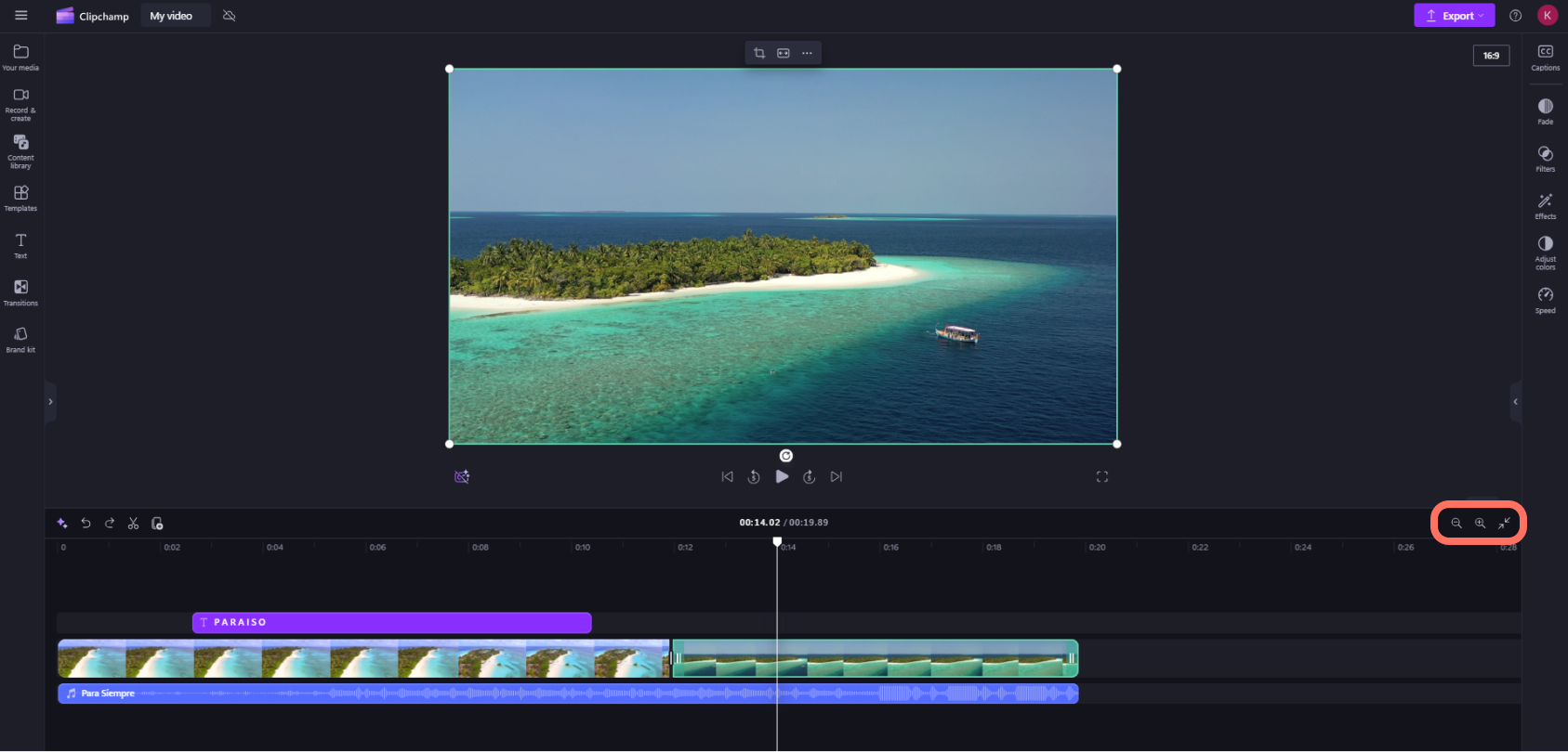 Кнопки масштабирования Timeline в правой нижней части Clipchamp