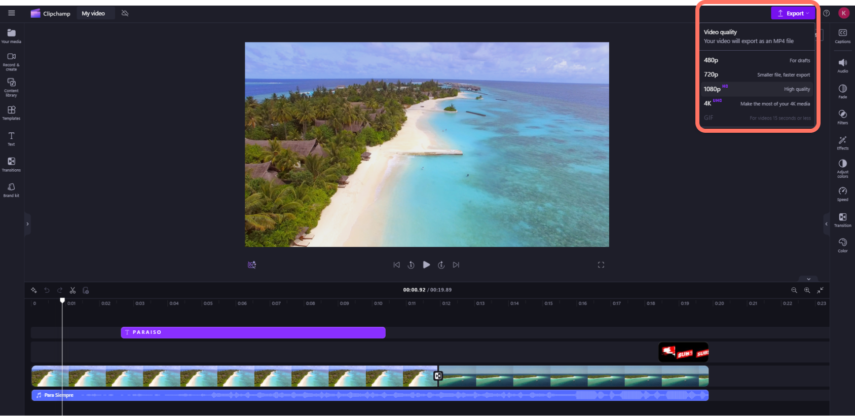 Меню Export в Clipchamp с вариантами 480p, 720p, 1080p, 4K и GIF