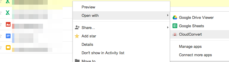 Контекстное меню Google Drive с пунктом Open with CloudConvert