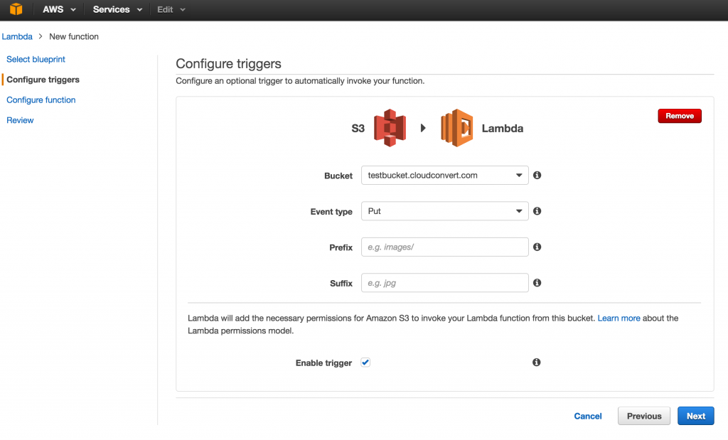 Окно AWS Lambda с триггером S3 для автоматической конверсии через CloudConvert