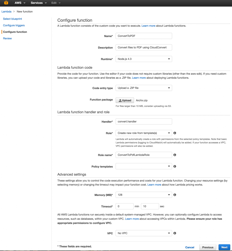 Окно настройки AWS Lambda для функции ConvertToPDF