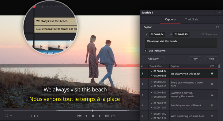 Subtitle track и Inspector субтитров на Edit page DaVinci Resolve