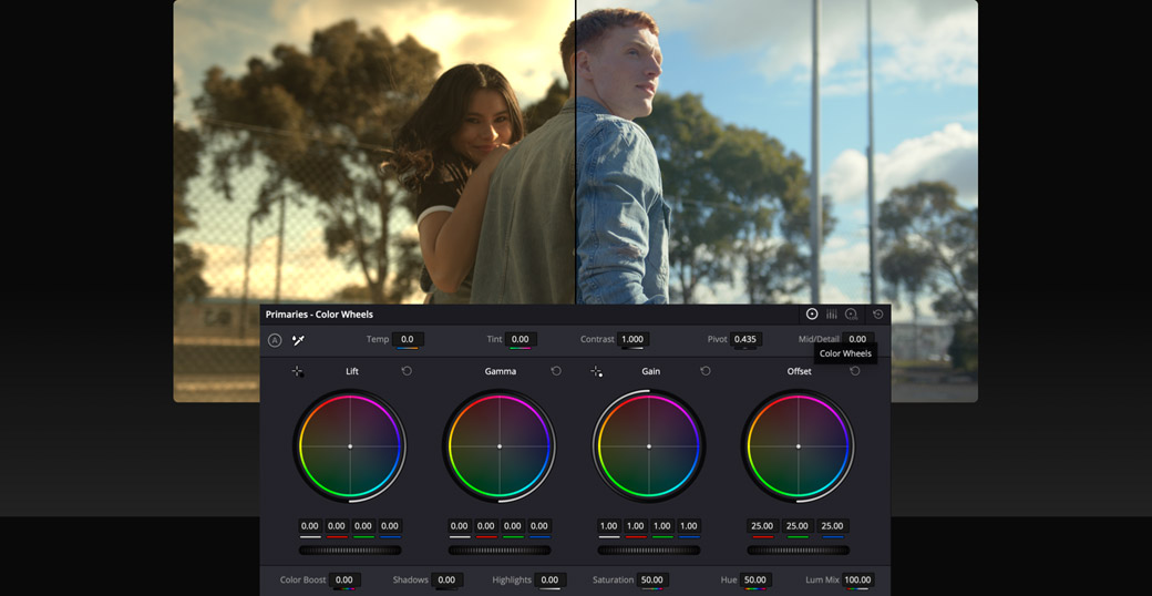 Primary Color Wheels Lift, Gamma, Gain и Offset на странице Color DaVinci Resolve