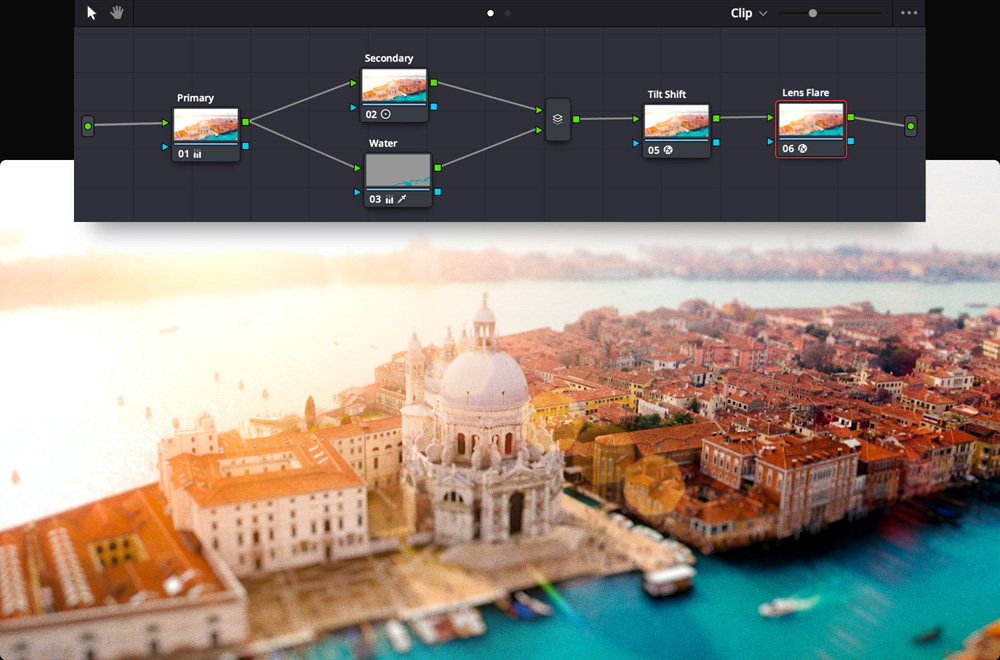 Node graph страницы Color DaVinci Resolve с несколькими последовательными и параллельными узлами