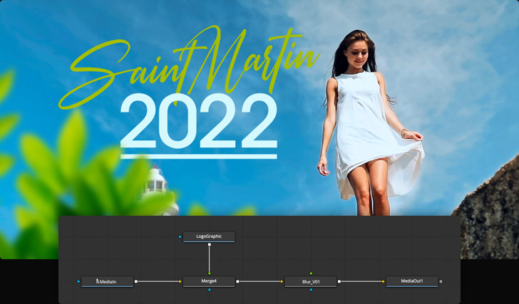 Fusion page DaVinci Resolve с узлами MediaIn, Merge, Blur и MediaOut