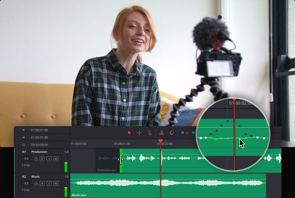 Fairlight timeline DaVinci Resolve с редактированием уровня внутри аудиоклипа
