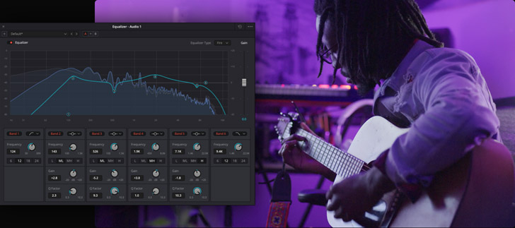 Окно Equalizer на Fairlight с частотной кривой и полосами EQ