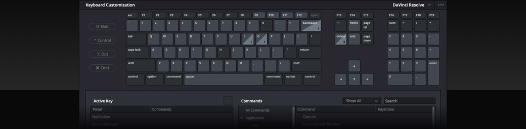Окно Keyboard Customization DaVinci Resolve с виртуальной клавиатурой и поиском команд
