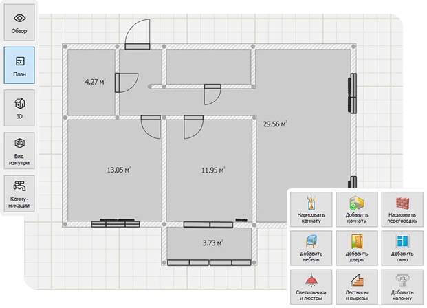 Режим плана Дизайн Интерьера 3D с инструментами комнат, дверей, окон и мебели