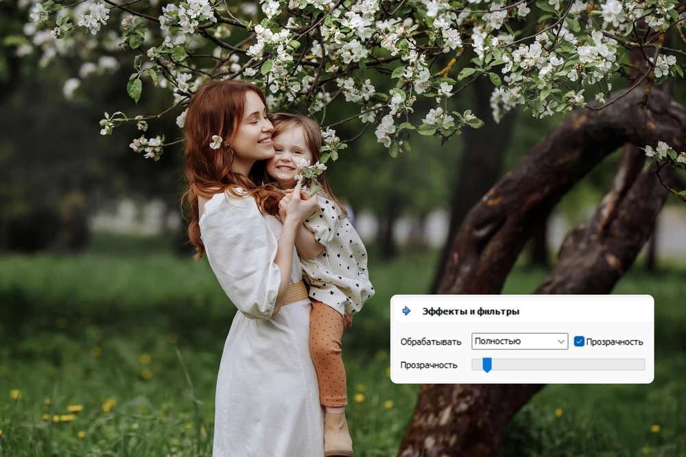 Регулятор прозрачности эффекта в Домашней Фотостудии