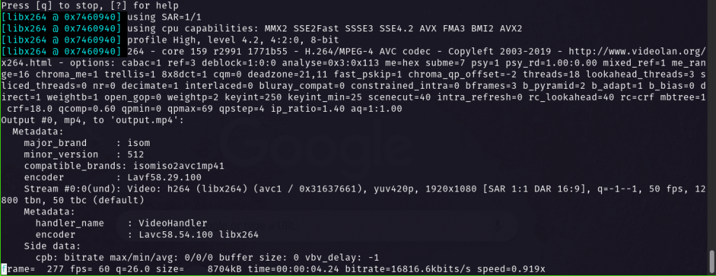 Терминальный вывод FFmpeg при кодировании видео в режиме CRF