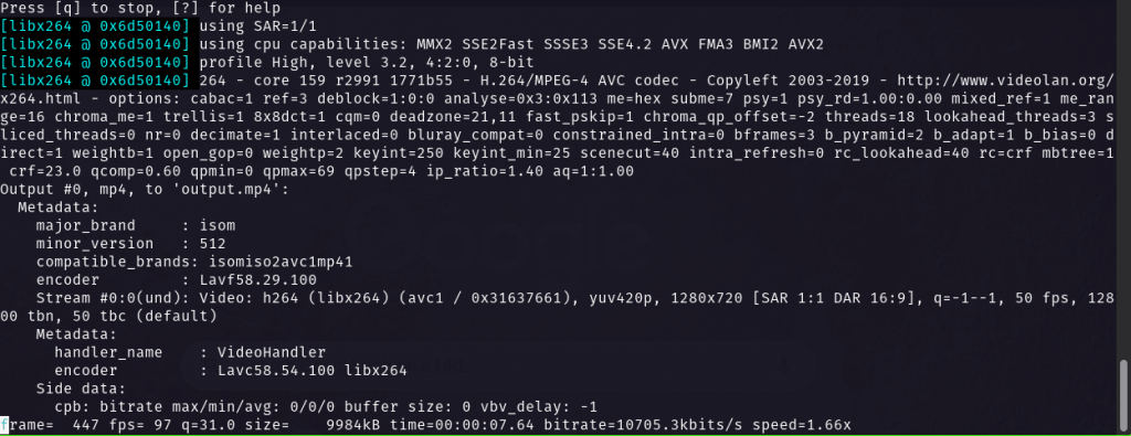 Вывод FFmpeg после масштабирования видео до 1280 на 720 пикселей