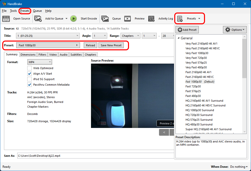 Окно HandBrake в Windows с панелью Presets и выбранным Fast 1080p30