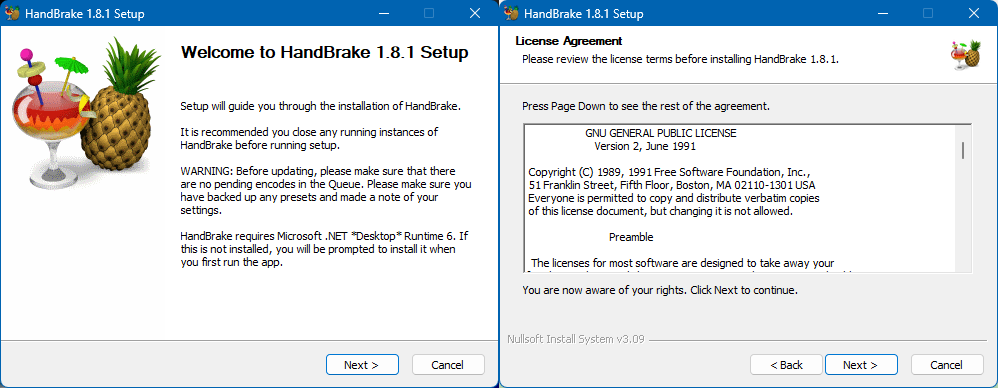 Официальный кадр установщика HandBrake для Windows с приветствием и лицензионным соглашением