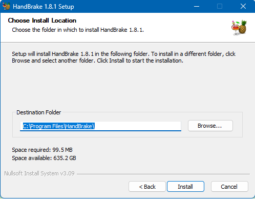 Диалог выбора каталога установки HandBrake в Windows