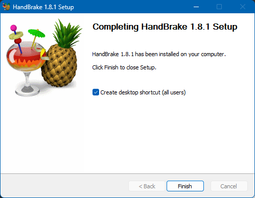 Финальный экран установщика HandBrake в Windows с кнопкой Finish