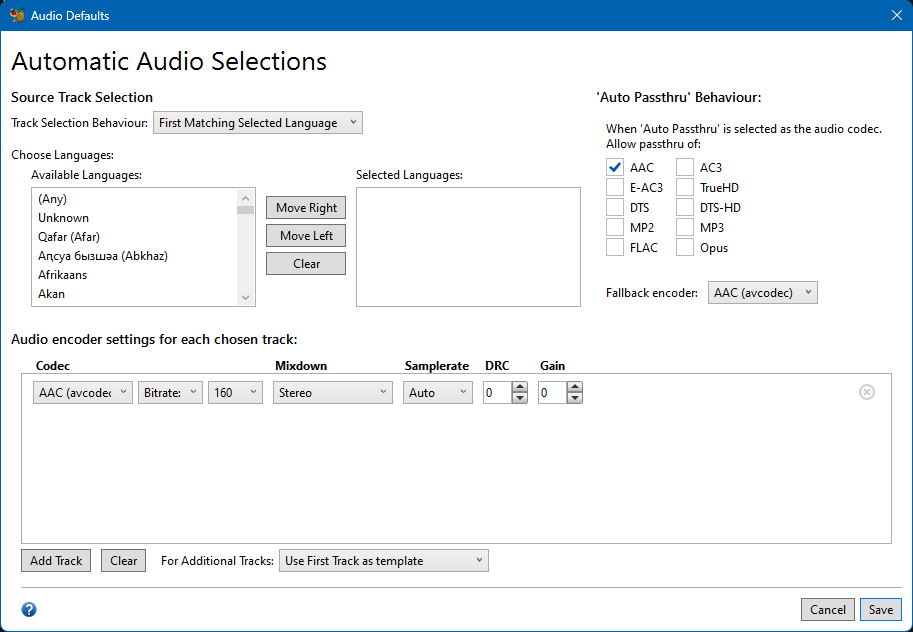 Окно Automatic Audio Selections в HandBrake для Windows с выбором языка, Auto Passthru Behaviour и fallback encoder