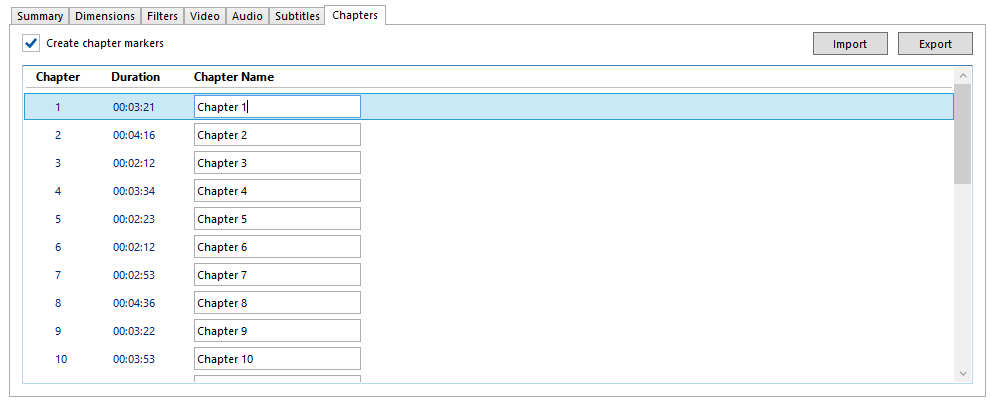 Вкладка Chapters в HandBrake с Create chapter markers, списком глав и полями Chapter Name