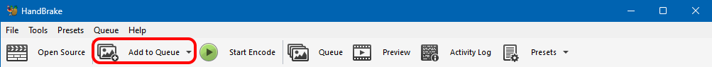 Кнопка Add to Queue на панели HandBrake в Windows