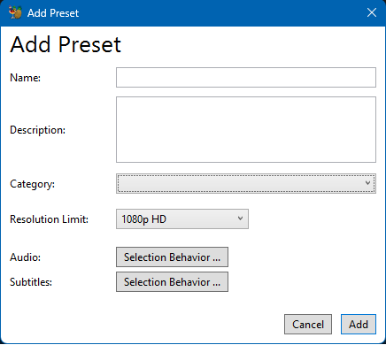 Диалог Add Preset в HandBrake с Name, Description, Category, Resolution Limit и Selection Behaviour