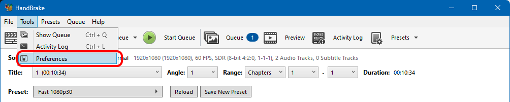 Меню Tools в HandBrake для Windows с пунктами Show Queue, Activity Log и Preferences