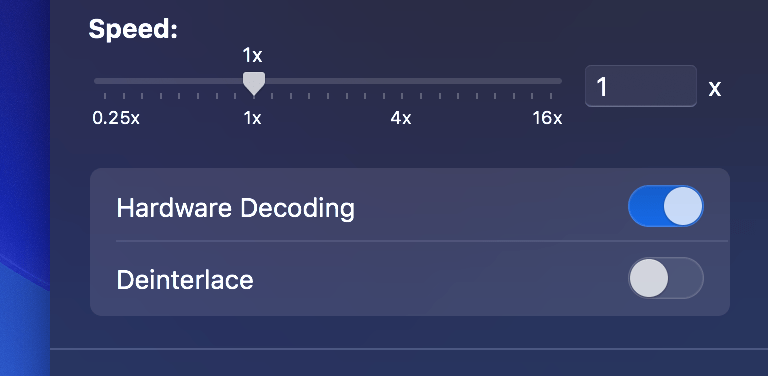 Панель IINA со скоростью воспроизведения, Hardware Decoding и Deinterlace
