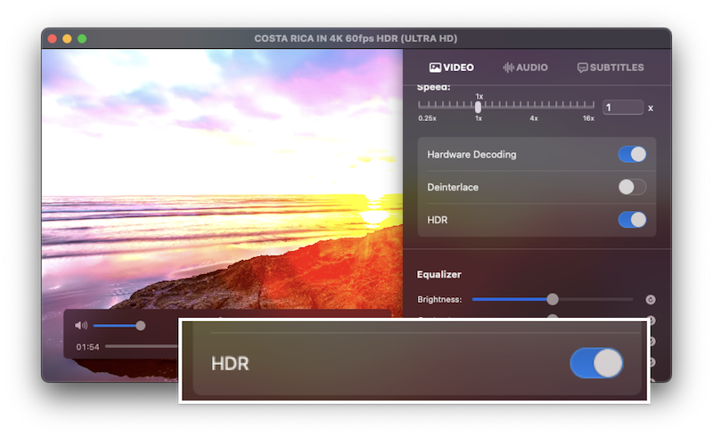 Видеопанель IINA с переключателями Hardware Decoding, Deinterlace и HDR