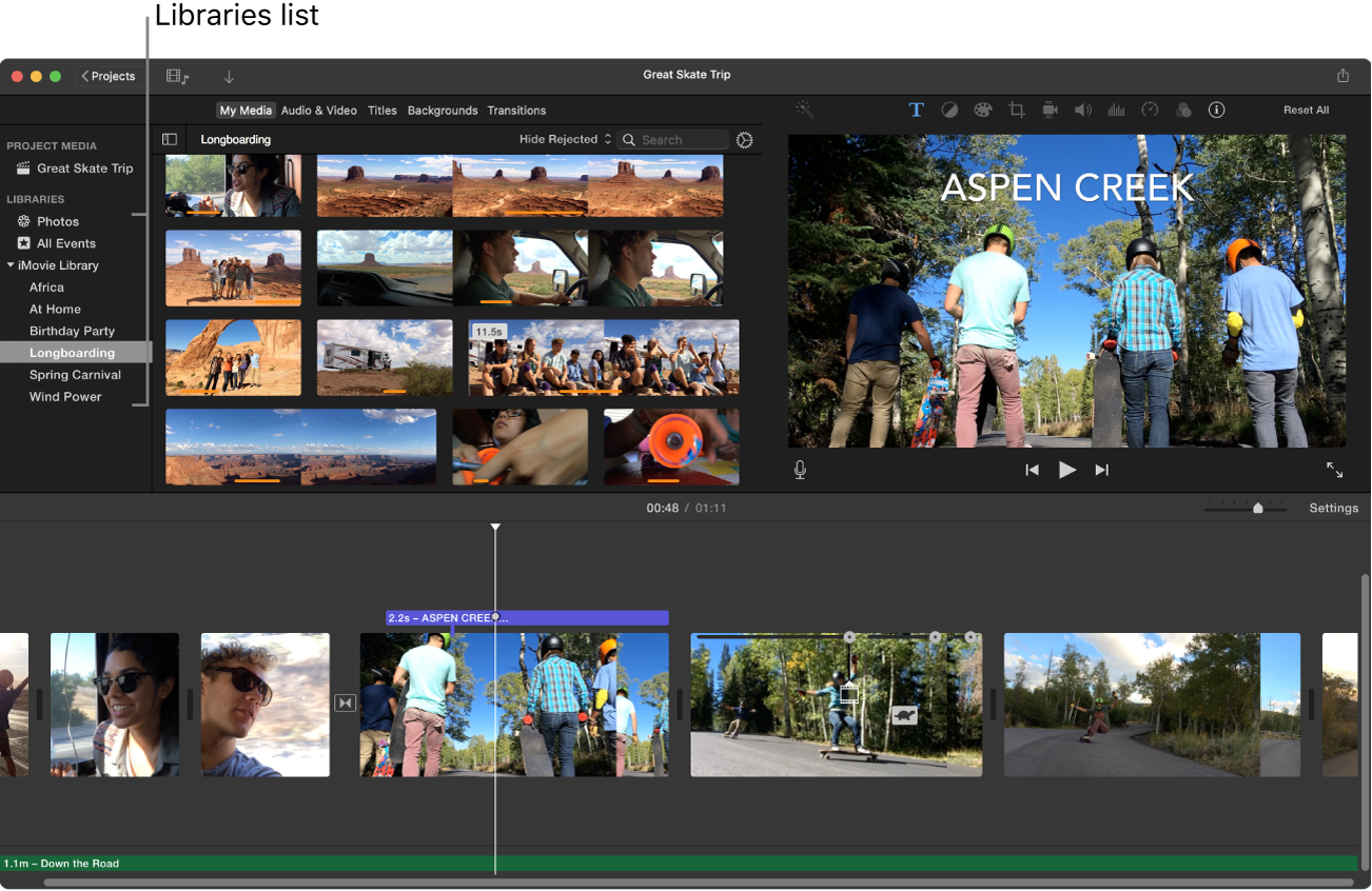 Таймлайн iMovie на Mac с окном просмотра и медиатекой
