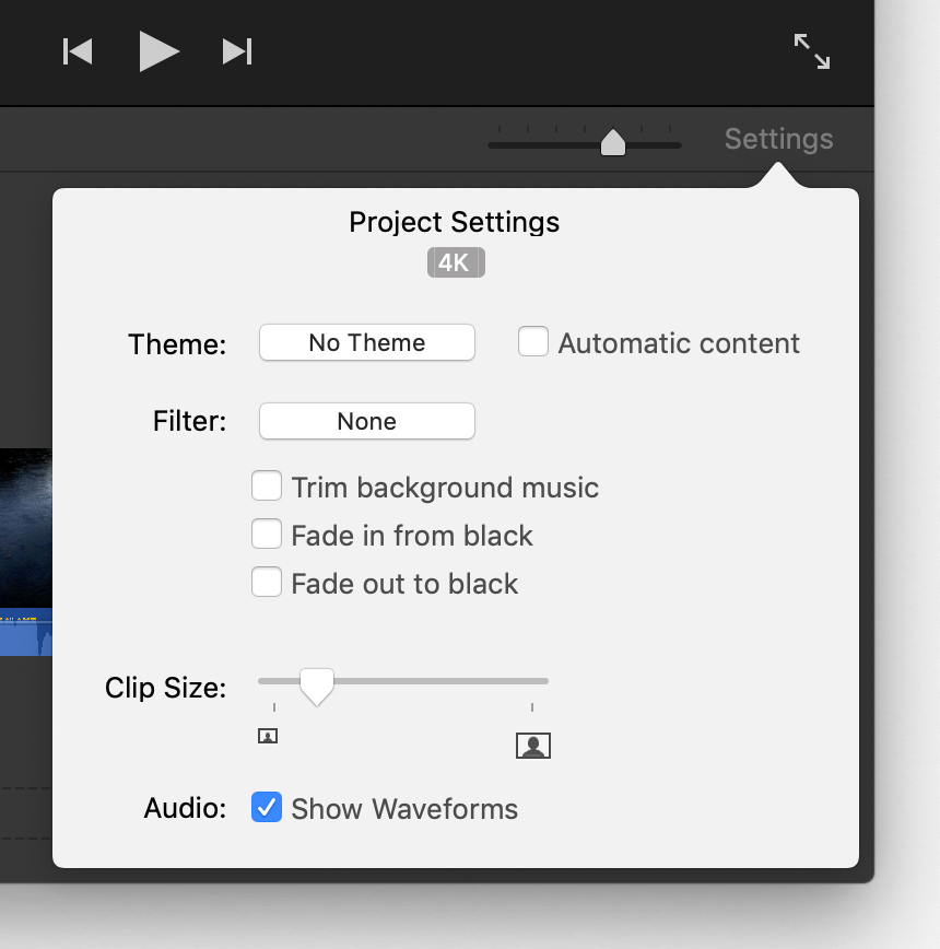 Окно Project Settings в iMovie на Mac с форматом проекта 4K