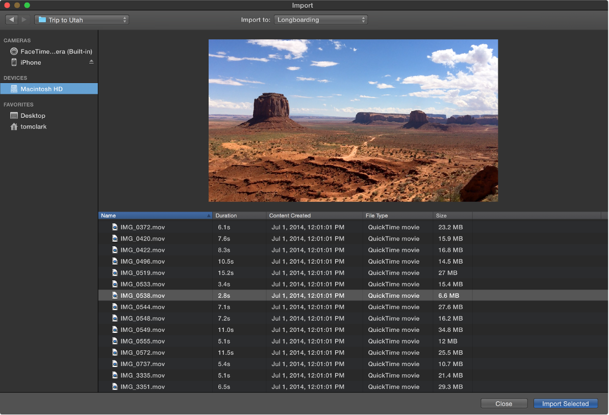 Окно Import в iMovie для Mac со списком устройств, превью и Import Selected