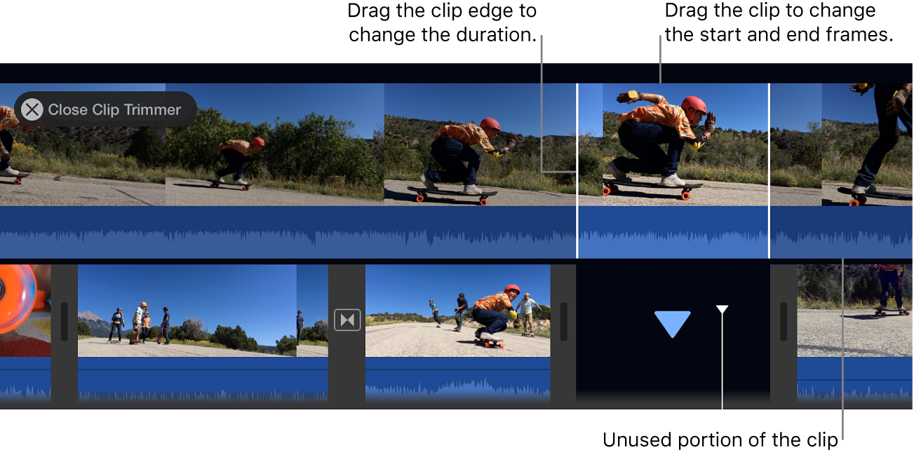 Clip Trimmer iMovie с расширенным исходным диапазоном над timeline