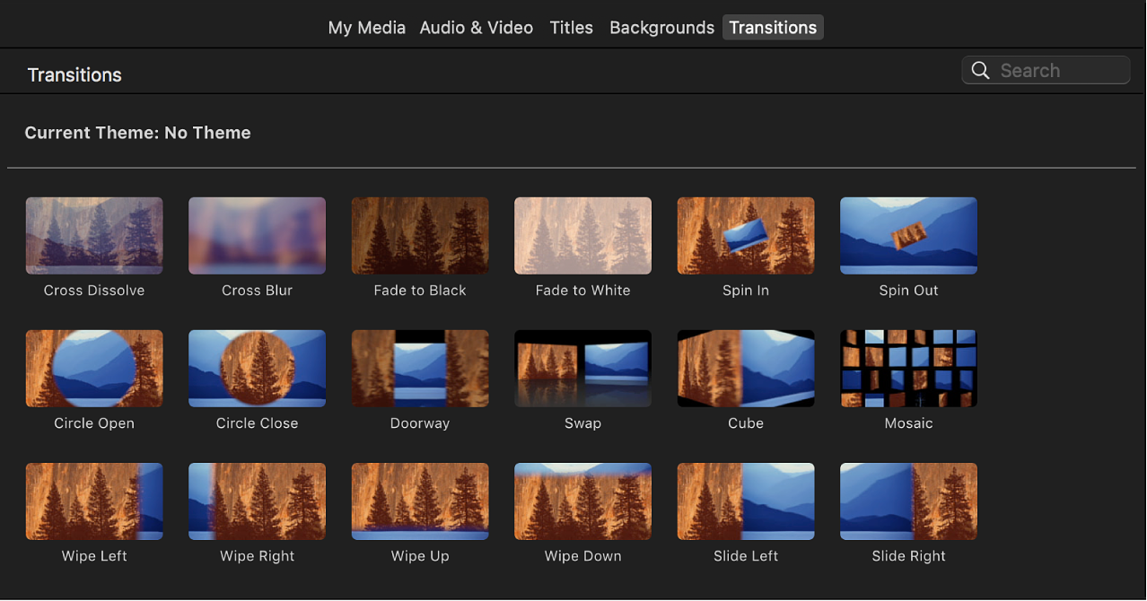 Браузер Transitions iMovie с Cross Dissolve, Fade и другими вариантами