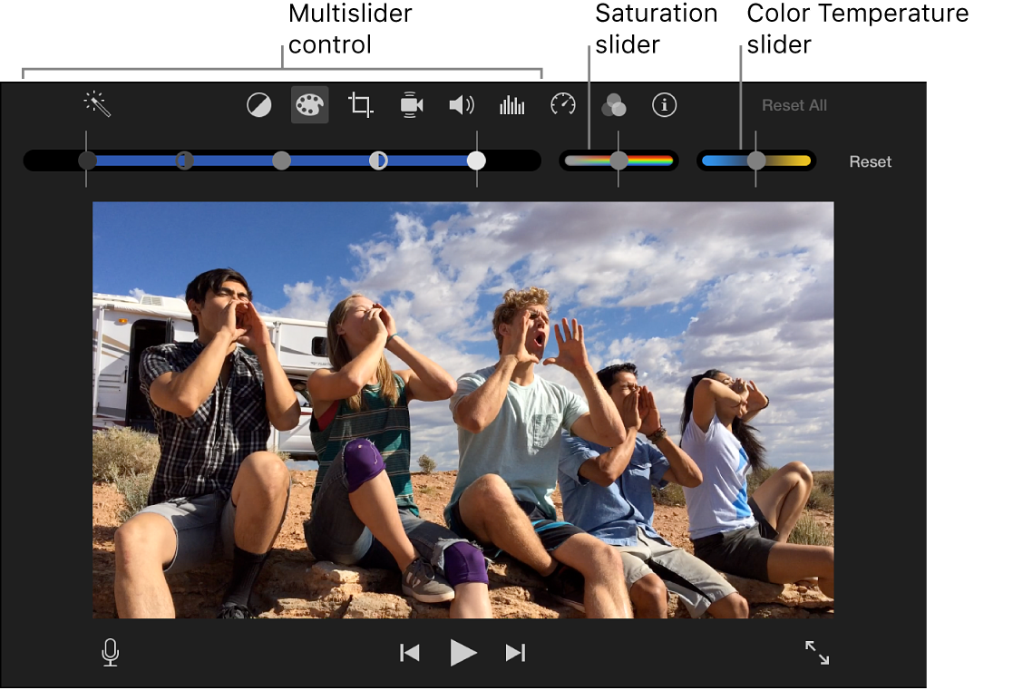 Ручные Color Correction controls iMovie с яркостью, контрастом, насыщенностью и температурой