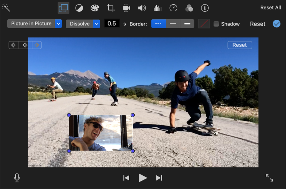 Picture in Picture controls iMovie с окном поверх основного видео и настройками перехода