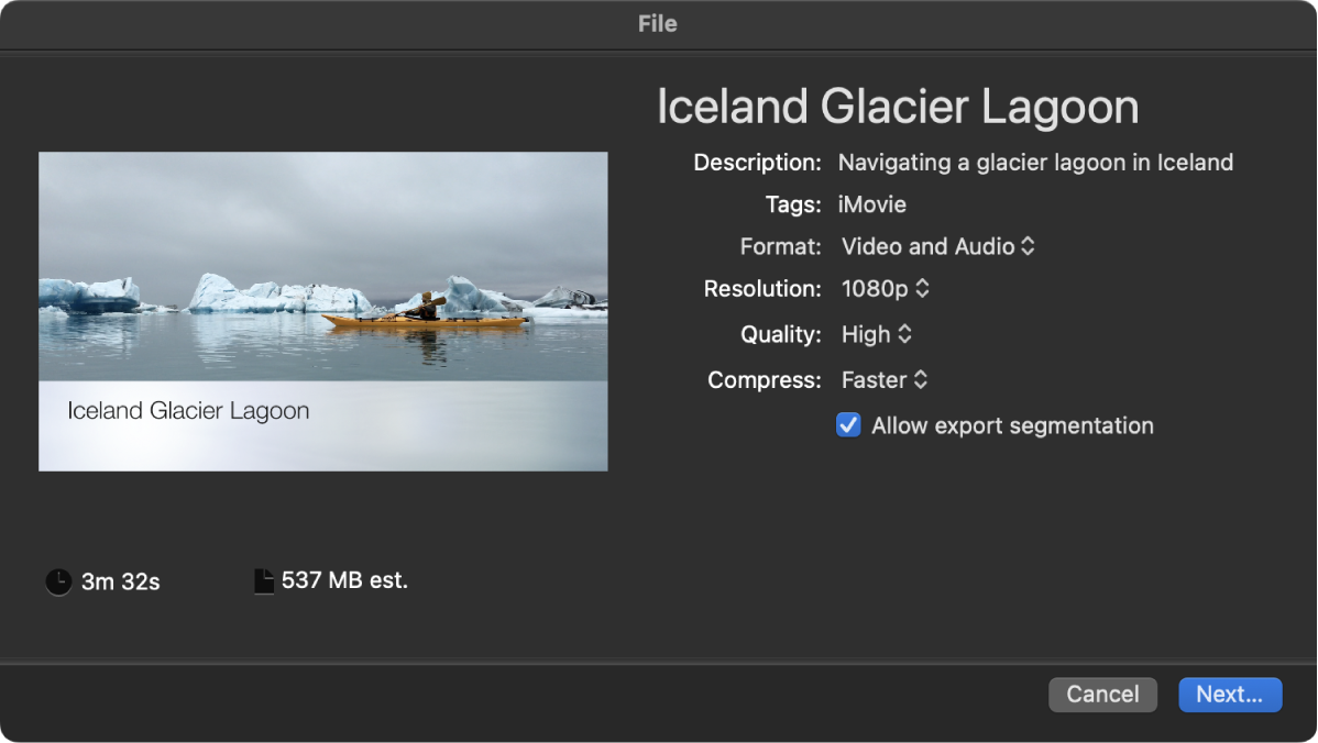 Окно File экспорта iMovie с Format, Resolution, Quality, Compress и Allow export segmentation