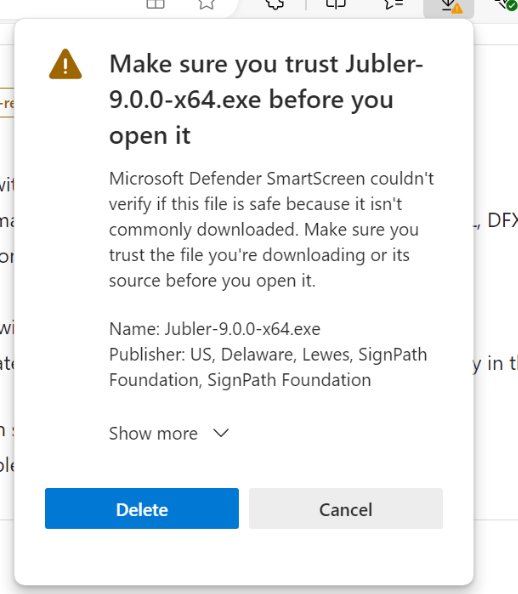 Окно SmartScreen с именем файла Jubler и издателем SignPath Foundation