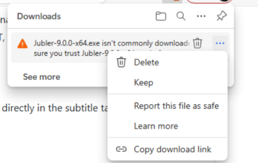 Меню Windows 11 с действием Keep для загрузки Jubler