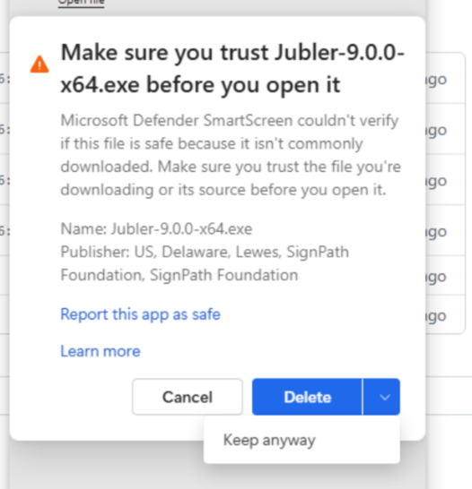 Диалог Windows 11 с издателем SignPath Foundation для Jubler