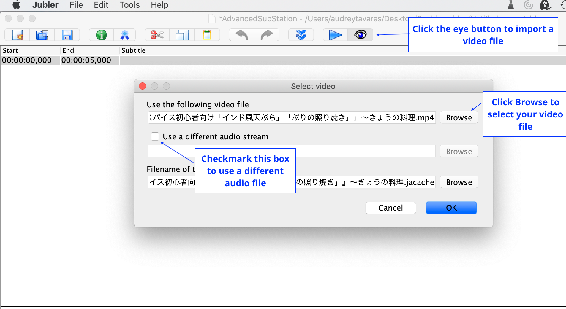 Окно Select video в Jubler с Browse и Use a different audio stream