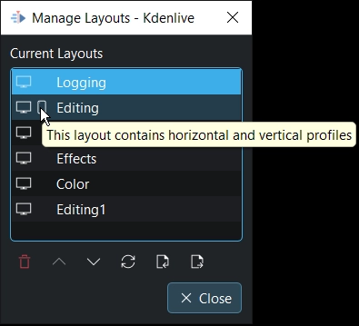Диалог Manage Layouts Kdenlive со списком Logging, Editing, Effects, Color и пользовательскими раскладками