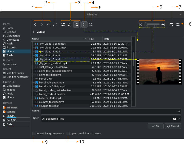 Диалог добавления клипа Kdenlive с выбором файла и параметрами Import image sequence