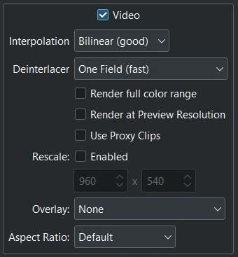 Панель Video в Render Kdenlive с опциями Render at Preview Resolution, Use Proxy Clips, Rescale и Aspect Ratio