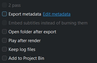 Дополнительные параметры Render Kdenlive: Export metadata, Open folder after export, Play after render, Keep log files и Add to Project Bin