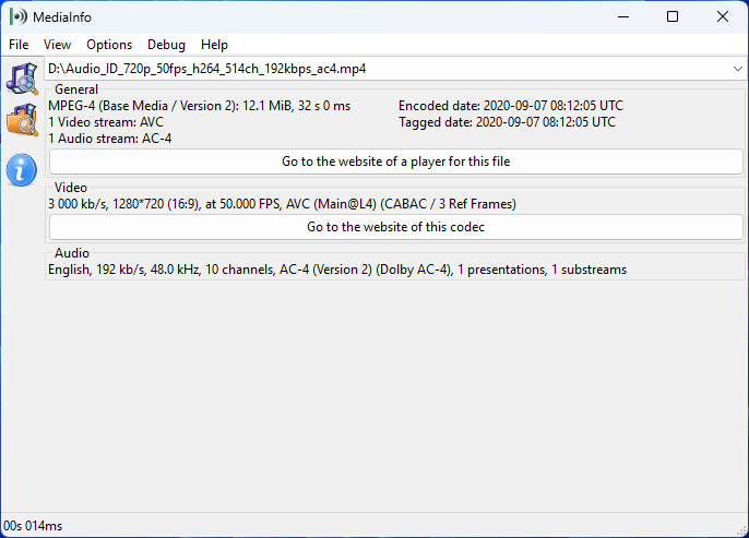 MediaInfo wxWidgets для Windows с базовыми секциями контейнера, видео и аудио