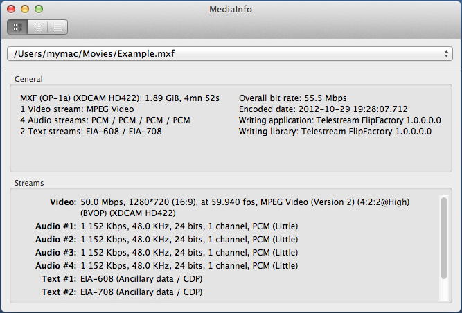 Исторический официальный компактный вид MediaInfo на macOS с четырьмя аудиопотоками