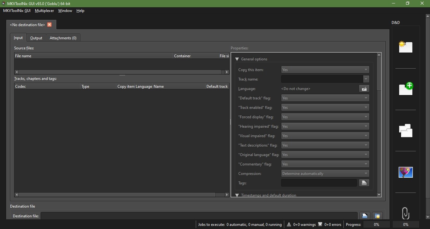 Интерфейс MKVToolNix GUI со списком дорожек контейнера Matroska