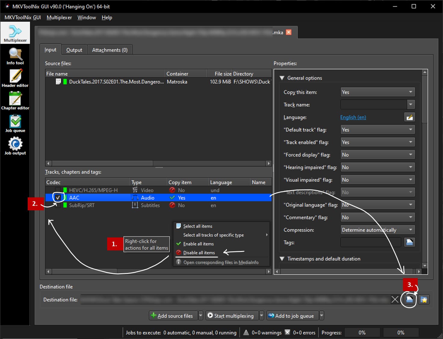 MKVToolNix GUI Multiplexer с загруженным источником, списком дорожек и кнопками Add source files, Start multiplexing и Add to job queue